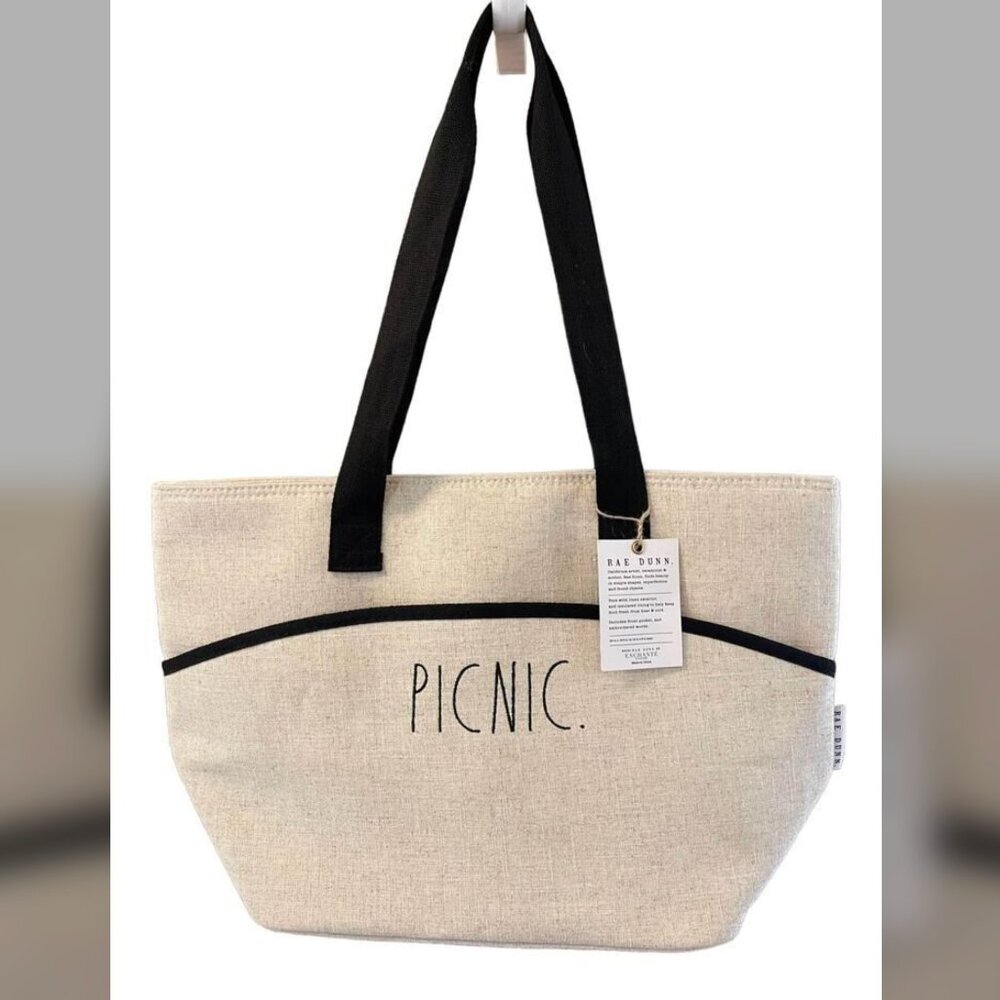 Rae Dunn NWT PICNIC Linen Insulated Tote Bag with Zipper Closure